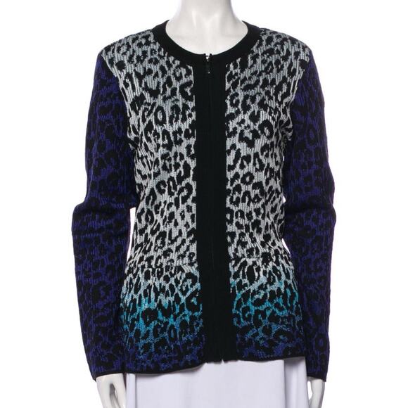 ST. JOHN Cardigan Jacket Peplum Full Zip Black White Blue Leopard Print Size Med - Picture 1 of 5